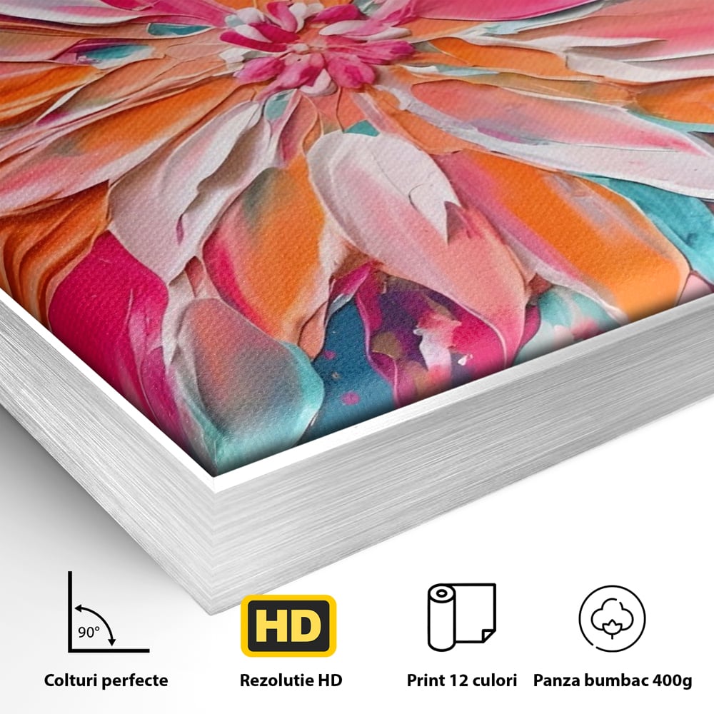 Detaliu al suprafetei: pictura cu floare texturata in relief, in rama de aluminiu argintiu